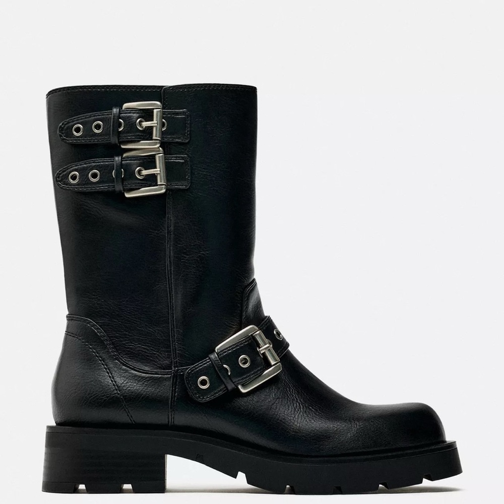 Zara Black Combat Moto Boots with Buckle Details